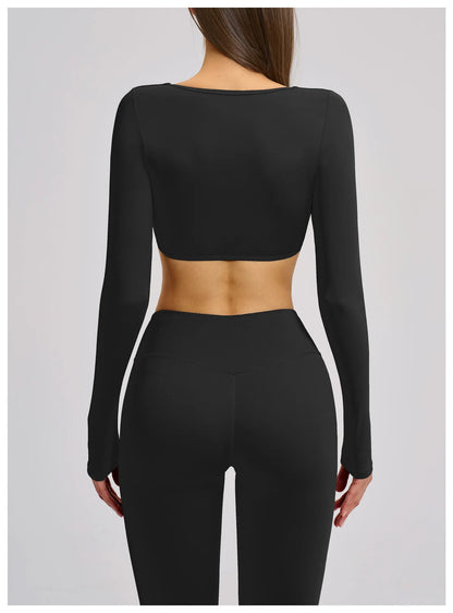 Women's Crop Tops Yoga T-shirts Solid Sports Top Long Sleeve Quick Dry Fitness Gym Sport Wear Running Shirts Sexy Exposed Navel