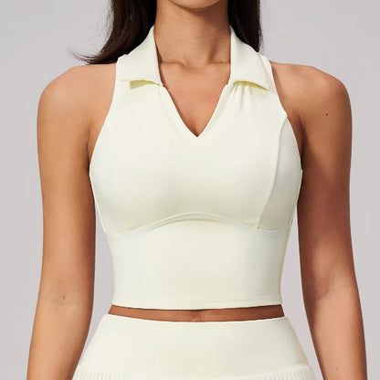 Summer Yoga Vest Women's V Neck POLO Shirts Push Up Tight Crop Top Quick Dry Running Sports Vest Female Gym Workout Tennis Tops
