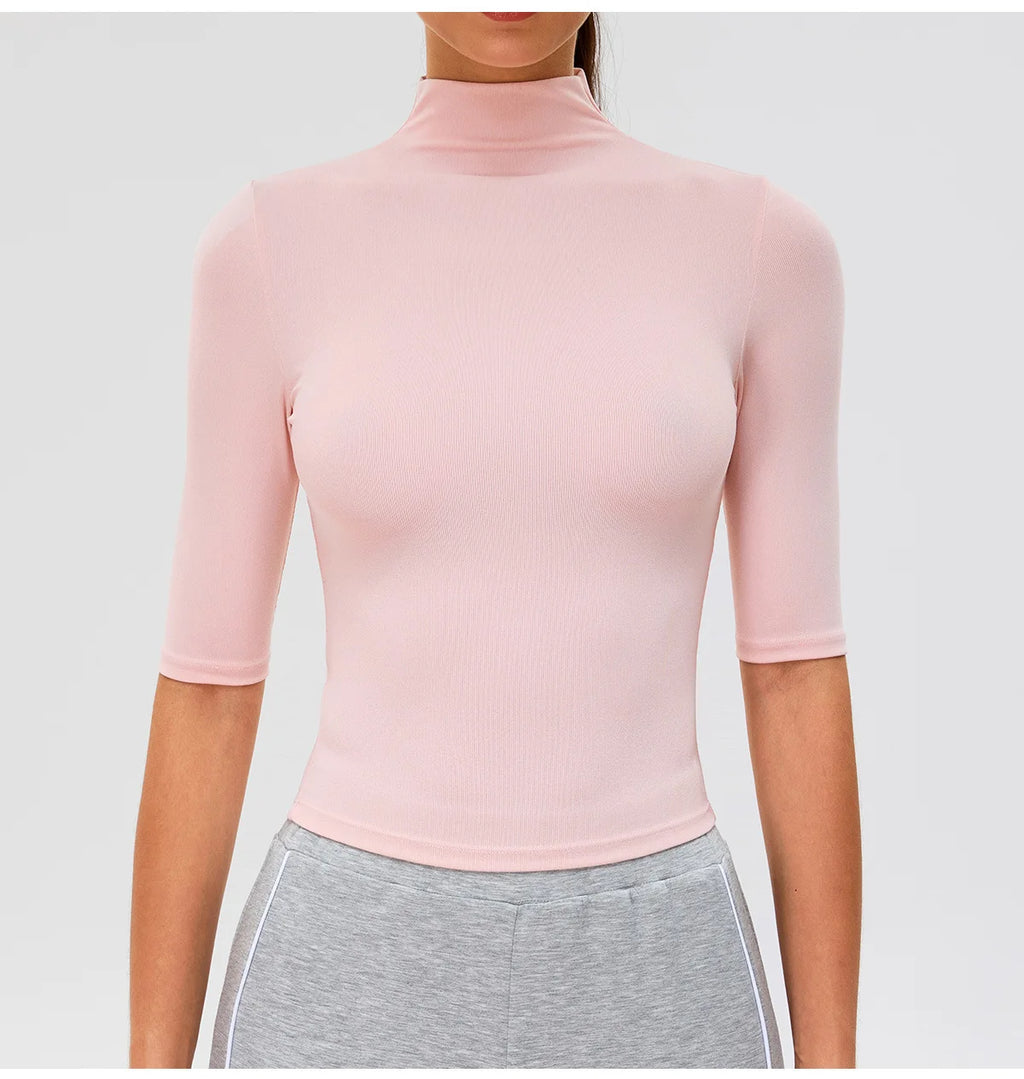 2026 New Edition Women's Sports Running Sweat Absorbing Skinny Yoga Clothes Quick Drying Clothes Short High Neck Sleeved T-shirt