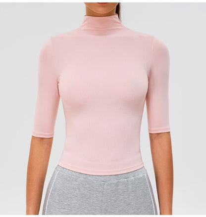 2026 New Edition Women's Sports Running Sweat Absorbing Skinny Yoga Clothes Quick Drying Clothes Short High Neck Sleeved T-shirt