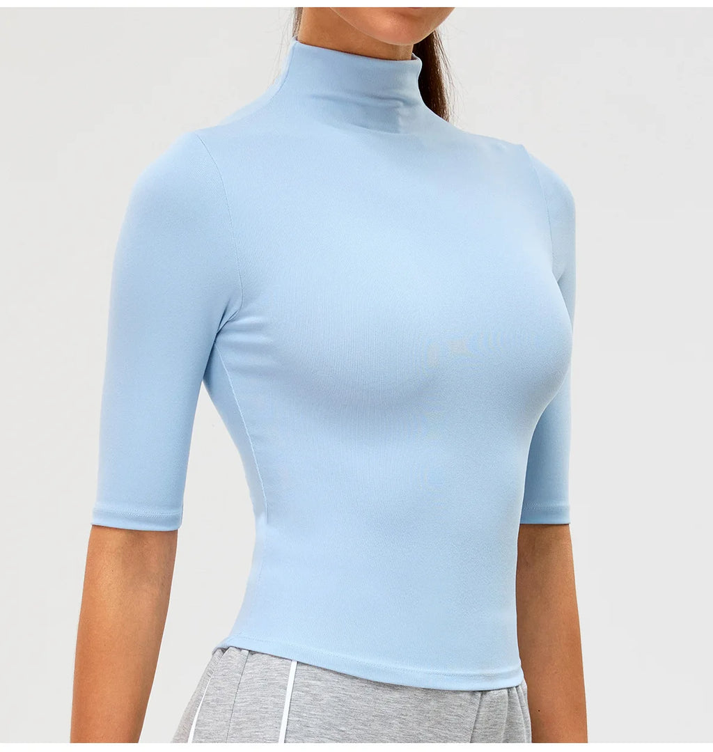 2026 New Edition Women's Sports Running Sweat Absorbing Skinny Yoga Clothes Quick Drying Clothes Short High Neck Sleeved T-shirt