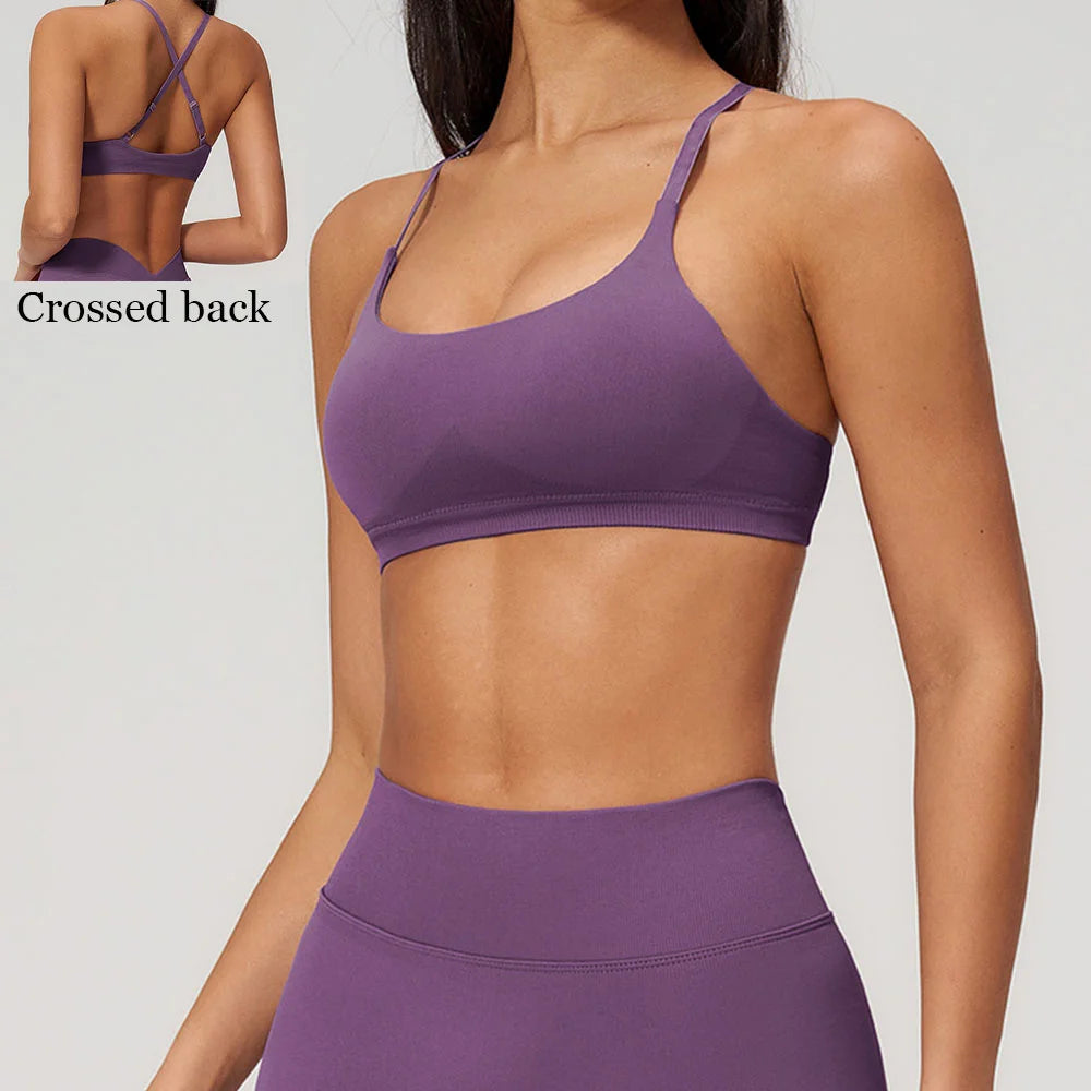 Summer Seamless Yoga Bra Women Fitness Workout Top Cross Back Strap Sports Underwear Female Breathable Running Cycling Gym Top