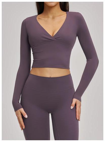 Women's Yoga T-Shirt Deep V Long Sleeve Sports Tops Gym Workout Shirts Breathable Fitness Yoga Top Female Running Push Up Shirts