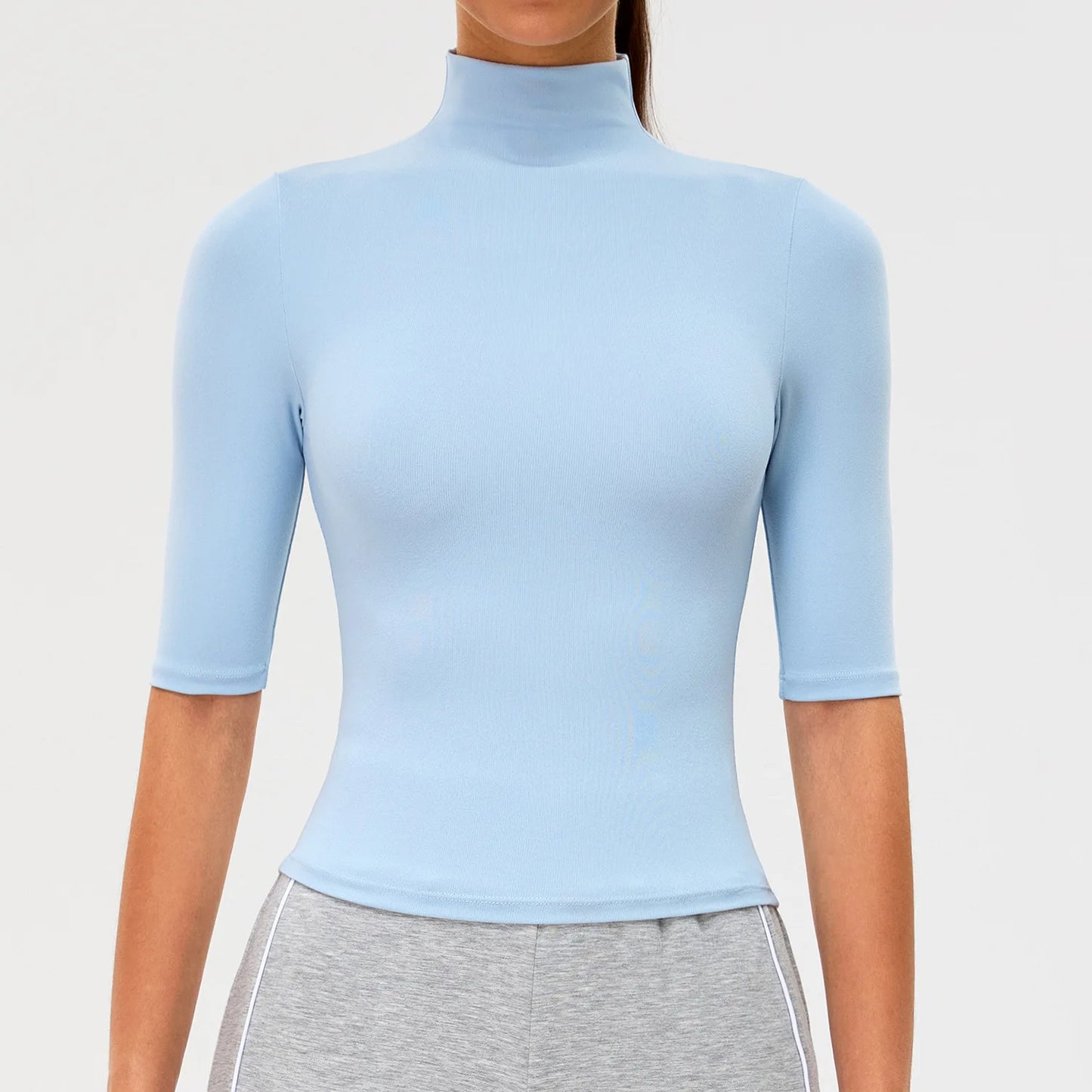 2026 New Edition Women's Sports Running Sweat Absorbing Skinny Yoga Clothes Quick Drying Clothes Short High Neck Sleeved T-shirt