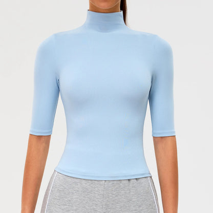 2026 New Edition Women's Sports Running Sweat Absorbing Skinny Yoga Clothes Quick Drying Clothes Short High Neck Sleeved T-shirt
