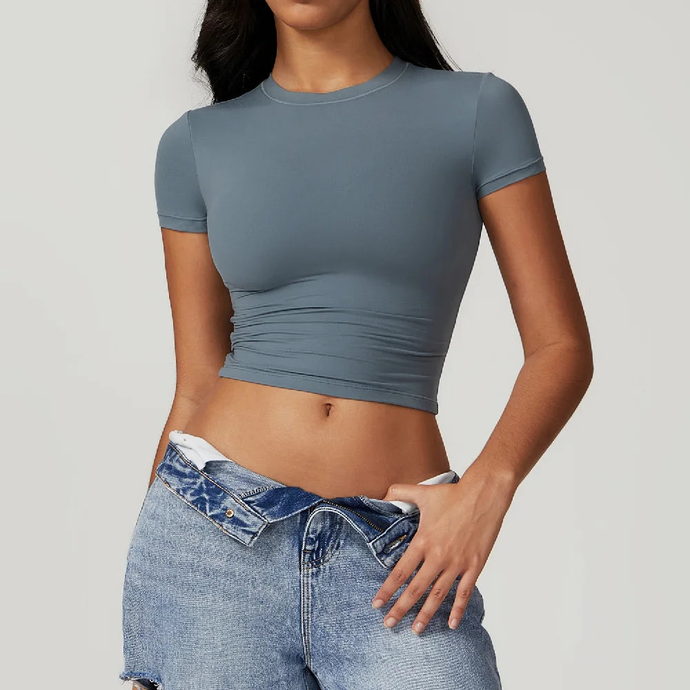 Summer Gym Crop Tops Women Yoga T-shirts Fitness Short Sleeved Workout Shirts Gym Sports Shirts Female Running Active Yoga Wea