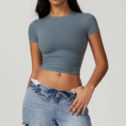 Summer Gym Crop Tops Women Yoga T-shirts Fitness Short Sleeved Workout Shirts Gym Sports Shirts Female Running Active Yoga Wea