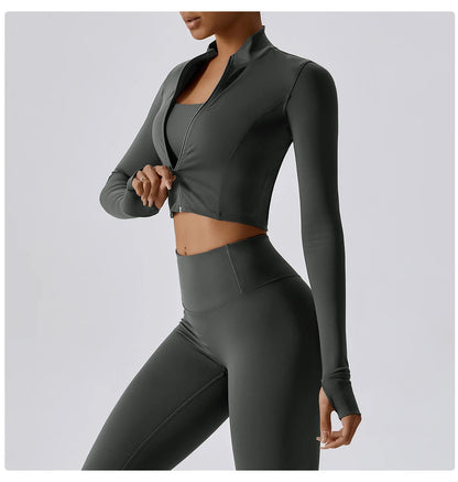 Zipper Cardigan Stand Up Collar Jacket Outdoor Sports Long Sleeved Women Slim Yoga Clothes Quick Dry Running Fitness Jacket Top