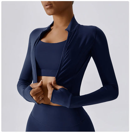 Zipper Cardigan Stand Up Collar Jacket Outdoor Sports Long Sleeved Women Slim Yoga Clothes Quick Dry Running Fitness Jacket Top