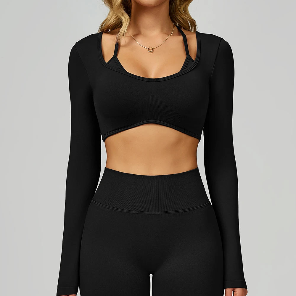 Seamless Yoga Shirts For Women Ribbed Long Sleeve Gym Clothes Fitness Running Workout Dry Fit Breathable High Elastic Sports Top
