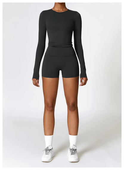 Women Yoga T-shirts Solid Sports Top Long Sleeve Gym Workout Running Shirts Sexy Exposed Navel Quick Dry Fitness Gym Sport Wear