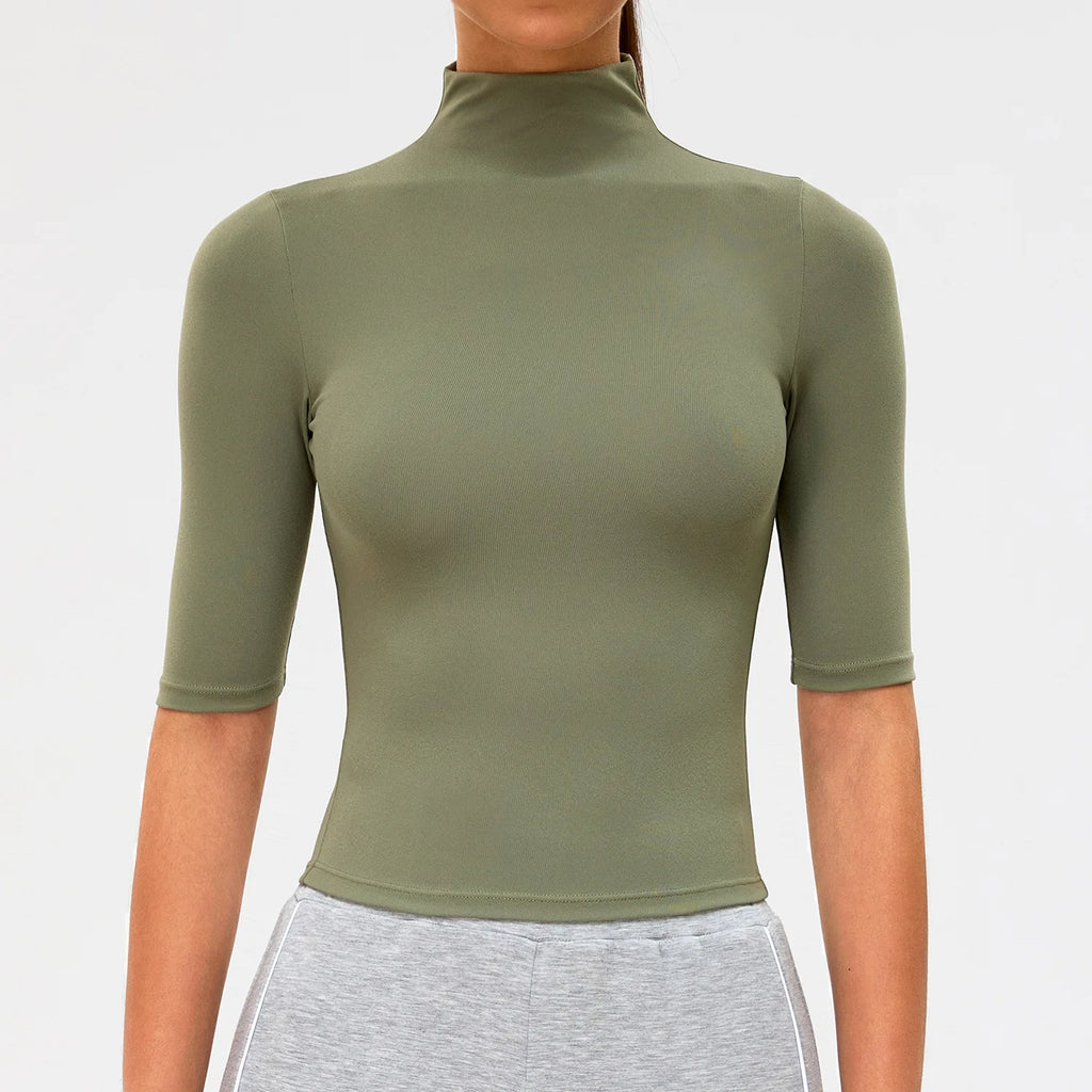 2026 New Edition Women's Sports Running Sweat Absorbing Skinny Yoga Clothes Quick Drying Clothes Short High Neck Sleeved T-shirt
