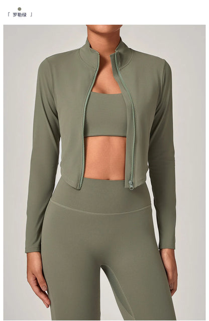 Sportswear Woman Gym Long Sleeved Women Slim Yoga Clothe Running Fitness Quick Dry Zipper Cardigan Stand Up Collar Sports Jacket