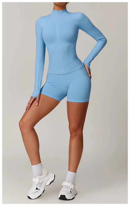 Women Zipper Yoga Long Sleeve Seamless Crop Tops Female Gym Jacket Yoga T-shirts Solid Sports Top Running Workout Athletic Wear