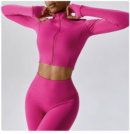 Zipper Cardigan Stand Up Collar Jacket Outdoor Sports Long Sleeved Women Slim Yoga Clothes Quick Dry Running Fitness Jacket Top