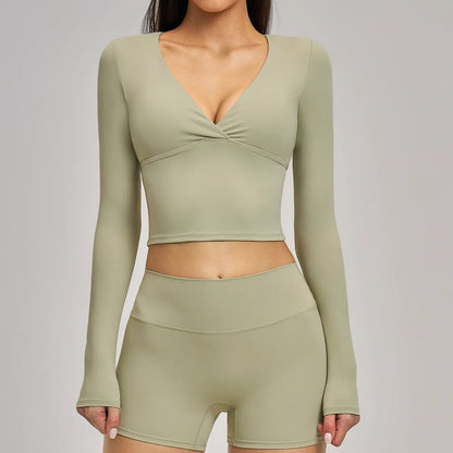 Women's Yoga T-Shirt Deep V Long Sleeve Sports Tops Gym Workout Shirts Breathable Fitness Yoga Top Female Running Push Up Shirts