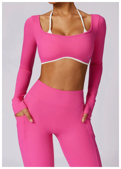 Women's Solid Sport Shirts High Elastic Gym Yoga Top Breathable Long Sleeve Yoga Top Slim Fitness Sports Dry Sportswear Yoga Top