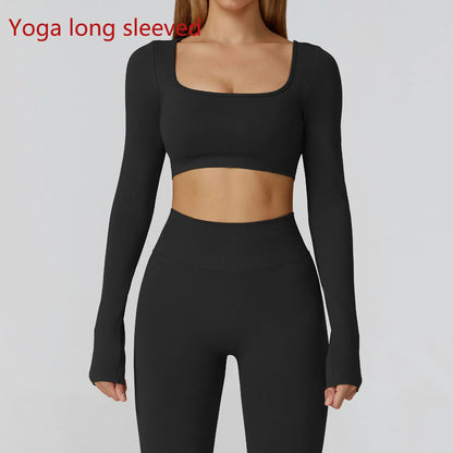 Women's Yoga Top Seamless Long Sleeved Sports Wear Workout Tops T-shirt Fitness Running Hollow out Backless Gym Woman SportShirt