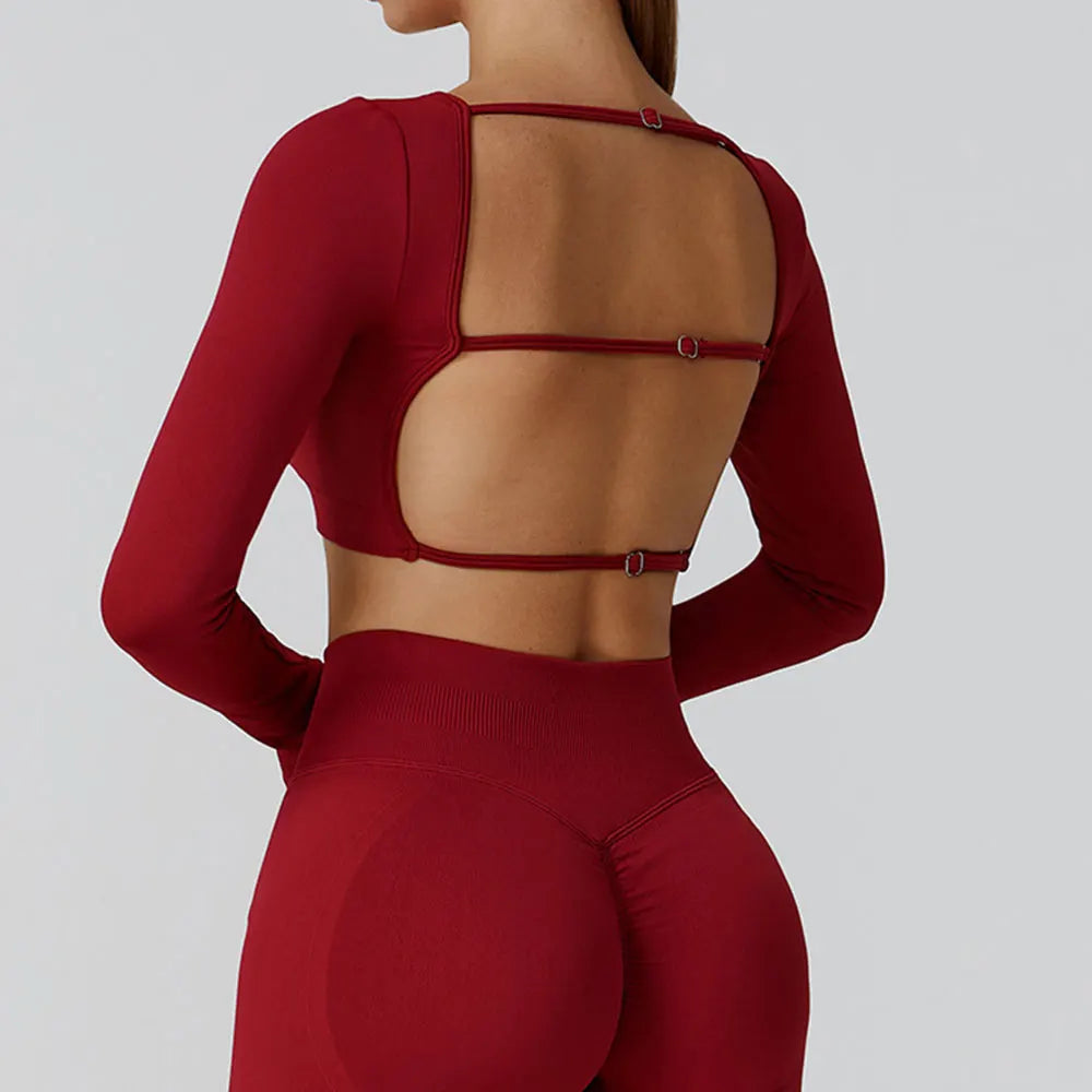 Women's Yoga Top Seamless Long Sleeved Sports Wear Workout Tops T-shirt Fitness Running Hollow out Backless Gym Woman SportShirt