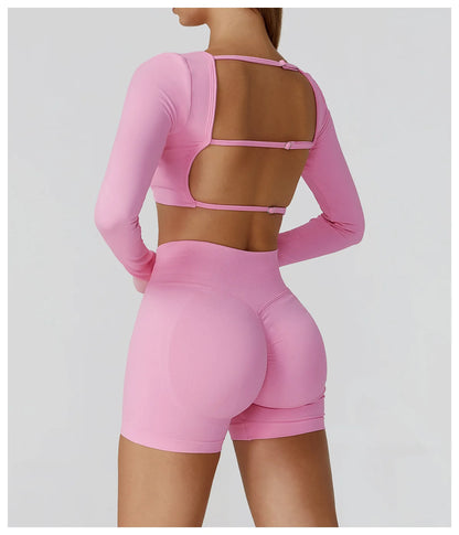 Women's Yoga Top Seamless Long Sleeved Sports Wear Workout Tops T-shirt Fitness Running Hollow out Backless Gym Woman SportShirt