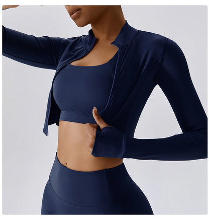 Zipper Cardigan Stand Up Collar Jacket Outdoor Sports Long Sleeved Women Slim Yoga Clothes Quick Dry Running Fitness Jacket Top