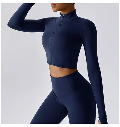 Zipper Cardigan Stand Up Collar Jacket Outdoor Sports Long Sleeved Women Slim Yoga Clothes Quick Dry Running Fitness Jacket Top