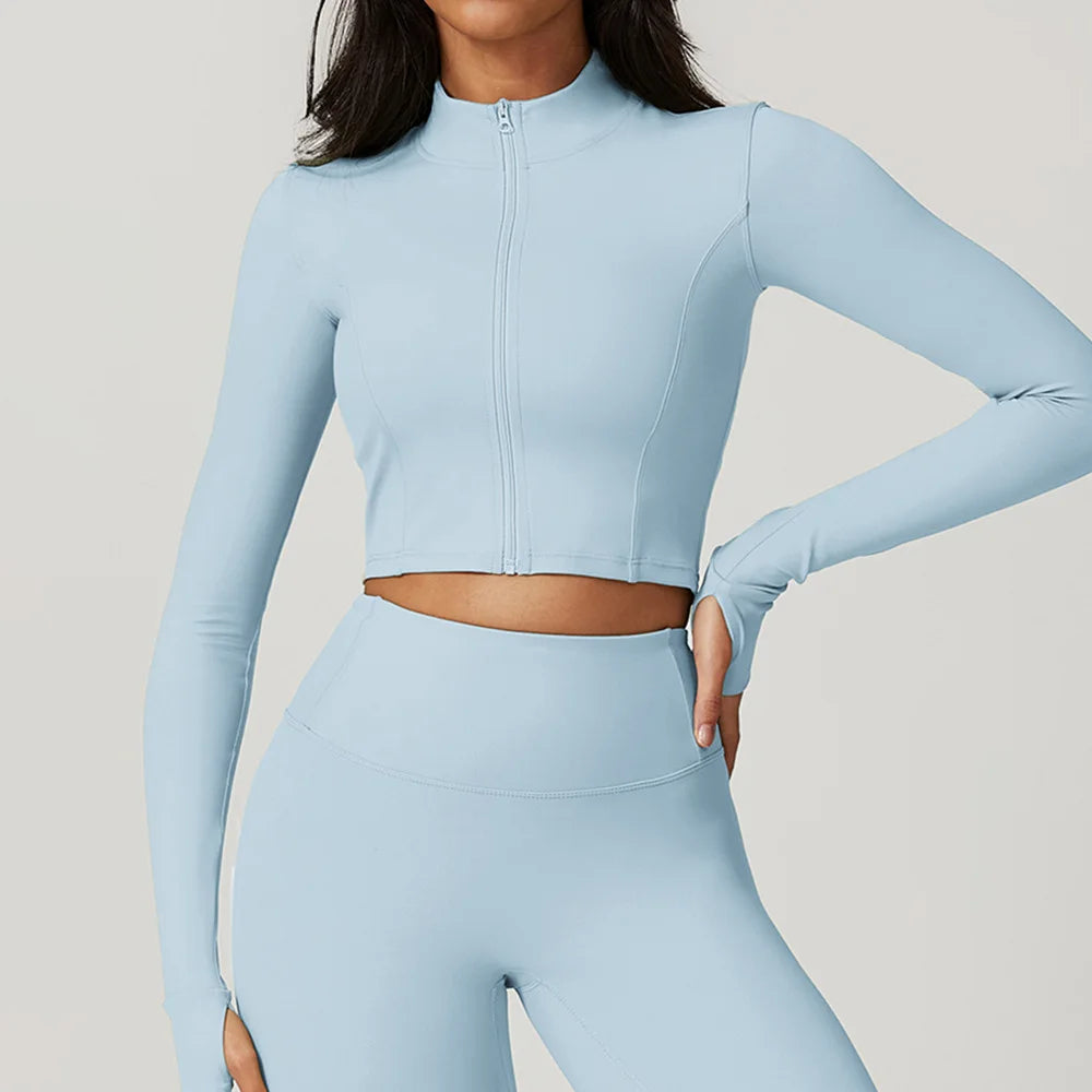 Zipper Cardigan Stand Up Collar Jacket Outdoor Sports Long Sleeved Women Slim Yoga Clothes Quick Dry Running Fitness Jacket Top