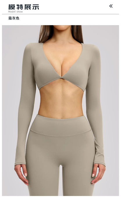 Women's Crop Tops Yoga T-shirts Solid Sports Top Long Sleeve Quick Dry Fitness Gym Sport Wear Running Shirts Sexy Exposed Navel