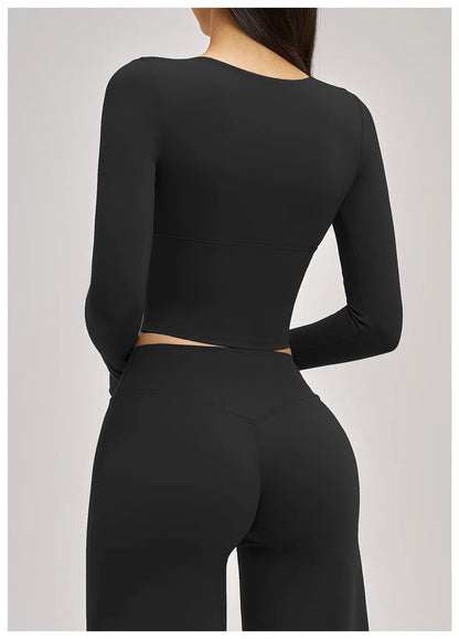 Women's Yoga T-Shirt Deep V Long Sleeve Sports Tops Gym Workout Shirts Breathable Fitness Yoga Top Female Running Push Up Shirts