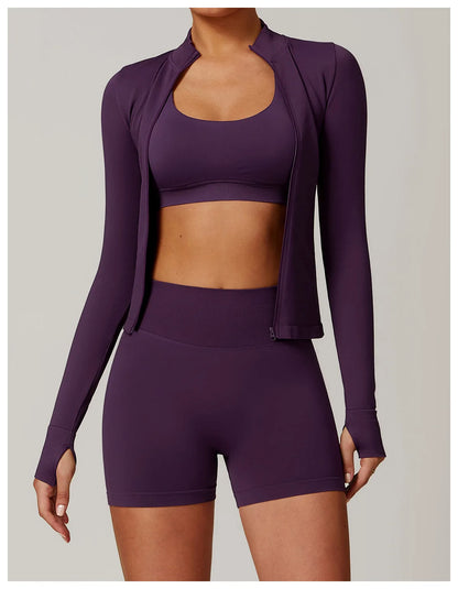 Women Zipper Yoga Long Sleeve Seamless Crop Tops Female Gym Jacket Yoga T-shirts Solid Sports Top Running Workout Athletic Wear