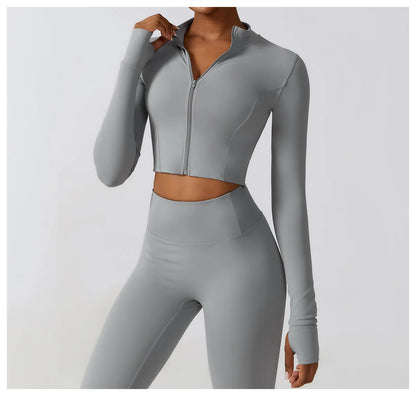 Zipper Cardigan Stand Up Collar Jacket Outdoor Sports Long Sleeved Women Slim Yoga Clothes Quick Dry Running Fitness Jacket Top
