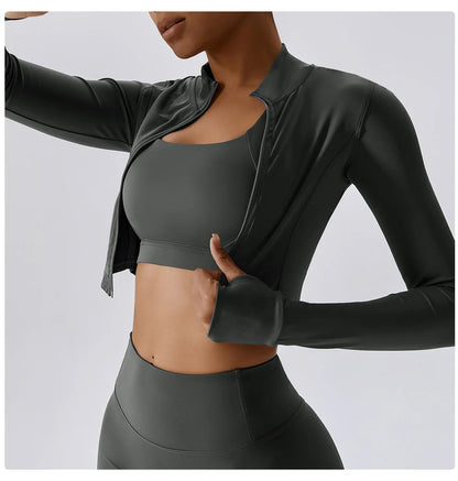 Zipper Cardigan Stand Up Collar Jacket Outdoor Sports Long Sleeved Women Slim Yoga Clothes Quick Dry Running Fitness Jacket Top