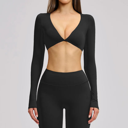 Women's Crop Tops Yoga T-shirts Solid Sports Top Long Sleeve Quick Dry Fitness Gym Sport Wear Running Shirts Sexy Exposed Navel