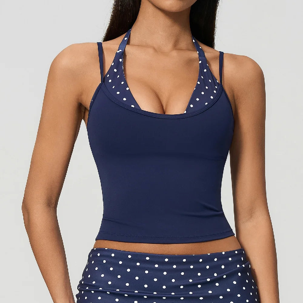 Polka Dot Yoga Tank Top Shockproof Striped Fitness Bra Gym Workout Vest Breathable Sport Top Halter Beautiful Back Sport Vest