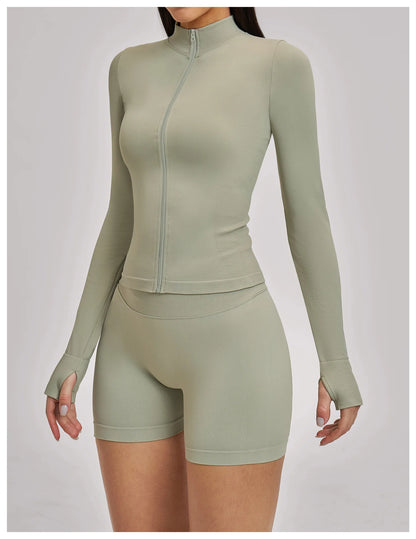 Women Zipper Yoga Long Sleeve Seamless Crop Tops Female Gym Jacket Yoga T-shirts Solid Sports Top Running Workout Athletic Wear