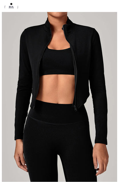 Sportswear Woman Gym Long Sleeved Women Slim Yoga Clothe Running Fitness Quick Dry Zipper Cardigan Stand Up Collar Sports Jacket