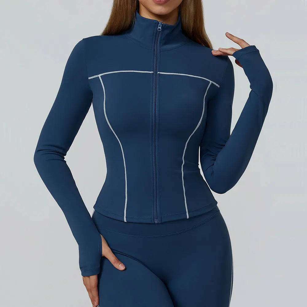 Women Zip Fitness Clothes Long Sleeve Sports Jacket Stand-up Collar Yoga Shirt Quick Dry Gym Top Outdoors Sunscreen Running Coat