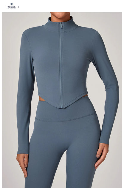 Sportswear Woman Gym Long Sleeved Women Slim Yoga Clothe Running Fitness Quick Dry Zipper Cardigan Stand Up Collar Sports Jacket