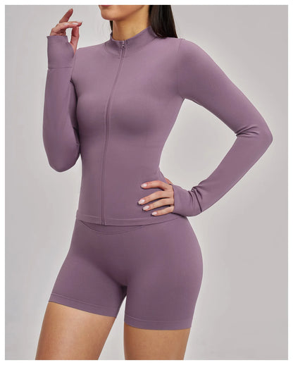 Women Zipper Yoga Long Sleeve Seamless Crop Tops Female Gym Jacket Yoga T-shirts Solid Sports Top Running Workout Athletic Wear