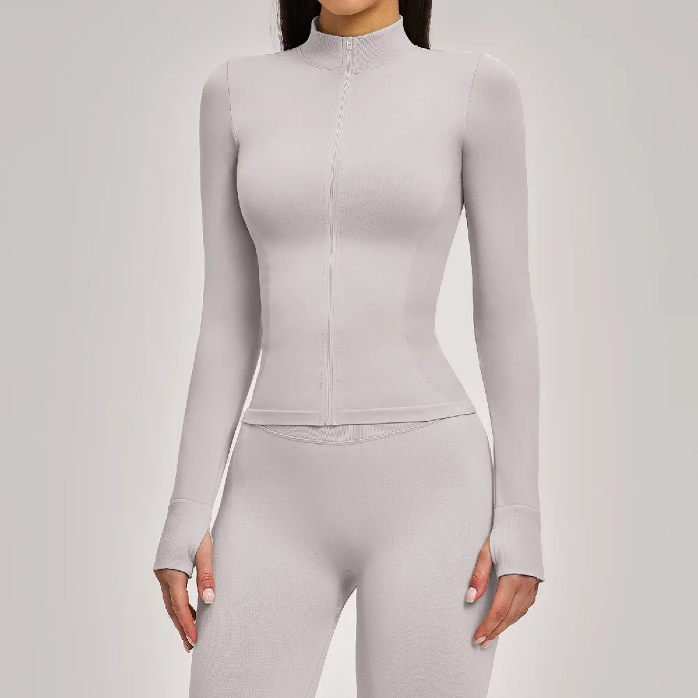 Women Zipper Yoga Long Sleeve Seamless Crop Tops Female Gym Jacket Yoga T-shirts Solid Sports Top Running Workout Athletic Wear