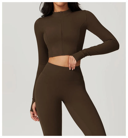 Zipper Cardigan Stand Up Collar Jacket Outdoor Sports Long Sleeved Women Slim Yoga Clothes Quick Dry Running Fitness Jacket Top
