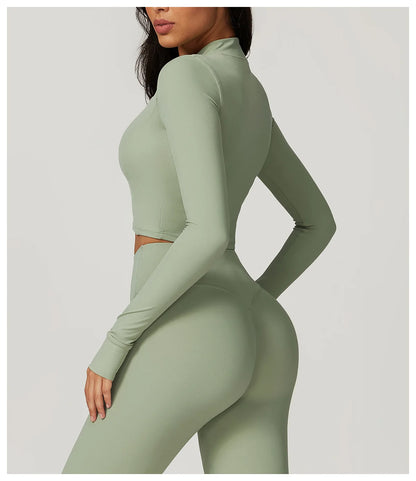 Zipper Cardigan Stand Up Collar Jacket Outdoor Sports Long Sleeved Women Slim Yoga Clothes Quick Dry Running Fitness Jacket Top