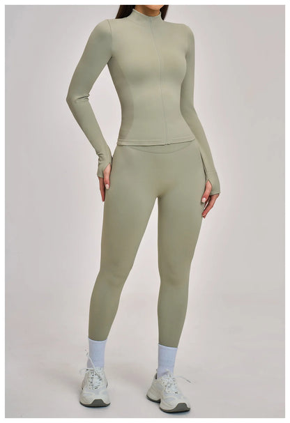 Women Zipper Yoga Long Sleeve Seamless Crop Tops Female Gym Jacket Yoga T-shirts Solid Sports Top Running Workout Athletic Wear