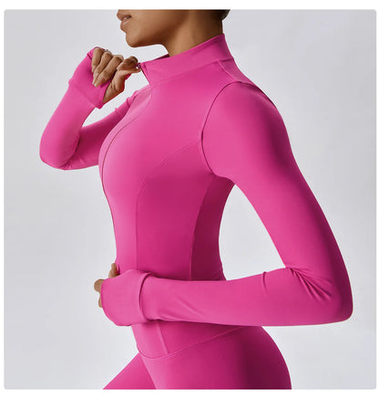 Zipper Cardigan Stand Up Collar Jacket Outdoor Sports Long Sleeved Women Slim Yoga Clothes Quick Dry Running Fitness Jacket Top