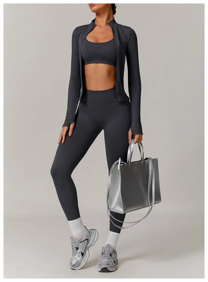 Women Zipper Yoga Long Sleeve Seamless Crop Tops Female Gym Jacket Yoga T-shirts Solid Sports Top Running Workout Athletic Wear