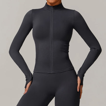 Women Zipper Yoga Long Sleeve Seamless Crop Tops Female Gym Jacket Yoga T-shirts Solid Sports Top Running Workout Athletic Wear