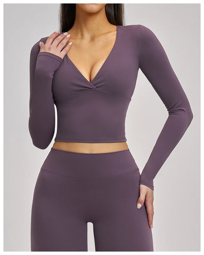 Women's Yoga T-Shirt Deep V Long Sleeve Sports Tops Gym Workout Shirts Breathable Fitness Yoga Top Female Running Push Up Shirts