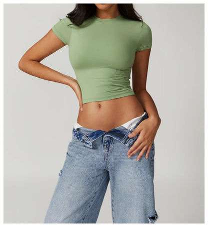 Summer Gym Crop Tops Women Yoga T-shirts Fitness Short Sleeved Workout Shirts Gym Sports Shirts Female Running Active Yoga Wea