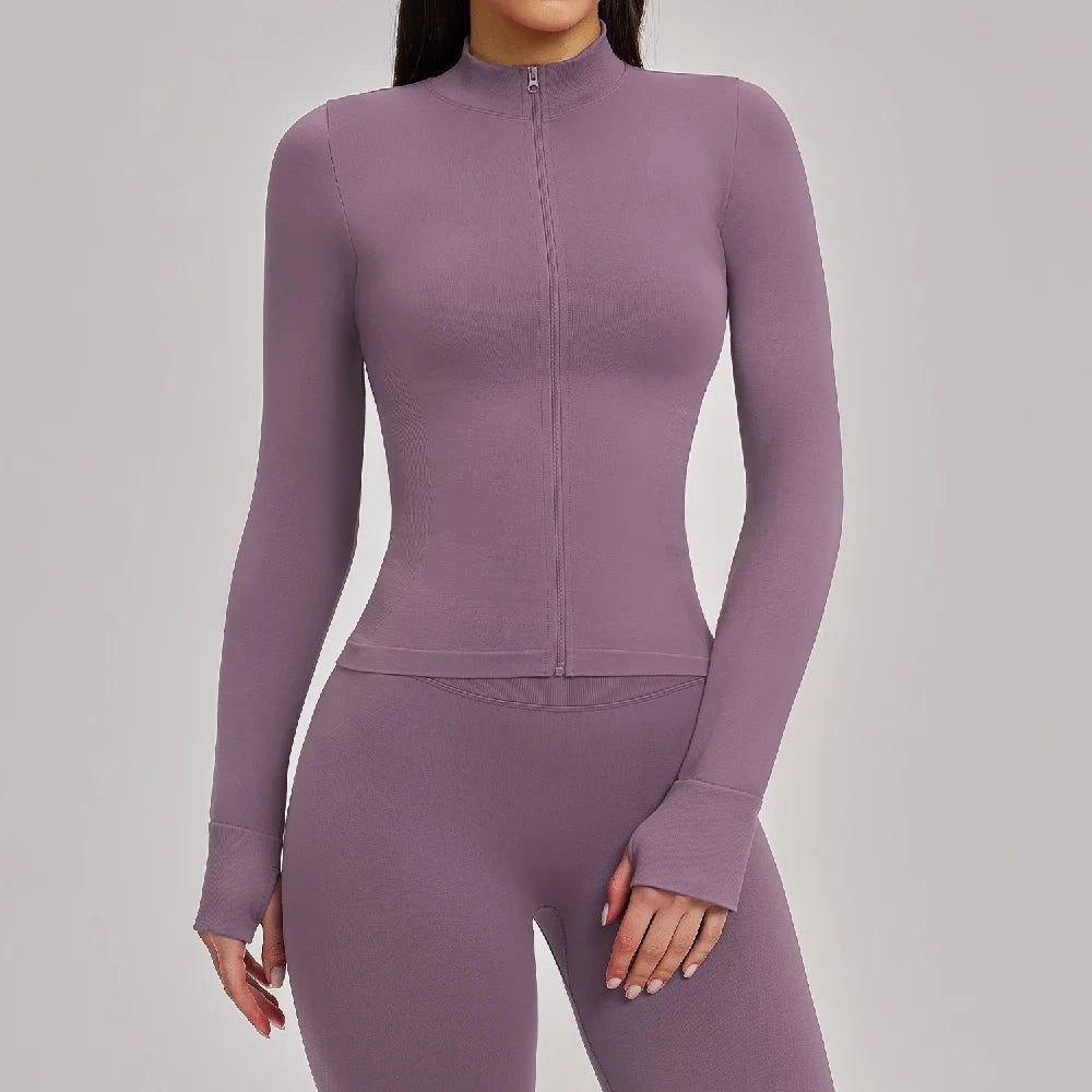 Women Zipper Yoga Long Sleeve Seamless Crop Tops Female Gym Jacket Yoga T-shirts Solid Sports Top Running Workout Athletic Wear
