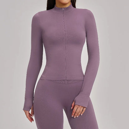 Women Zipper Yoga Long Sleeve Seamless Crop Tops Female Gym Jacket Yoga T-shirts Solid Sports Top Running Workout Athletic Wear
